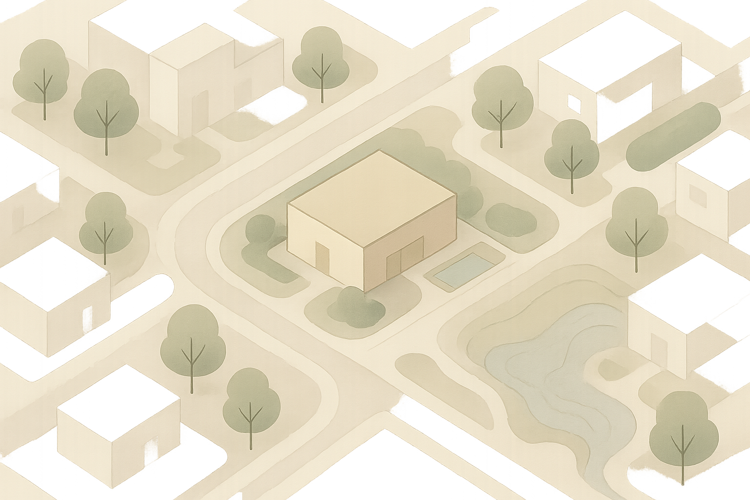 Soft-toned minimalist map-style artwork showing a calm urban block with a highlighted spa location, tree-lined street cues, and subtle water-inspired contours