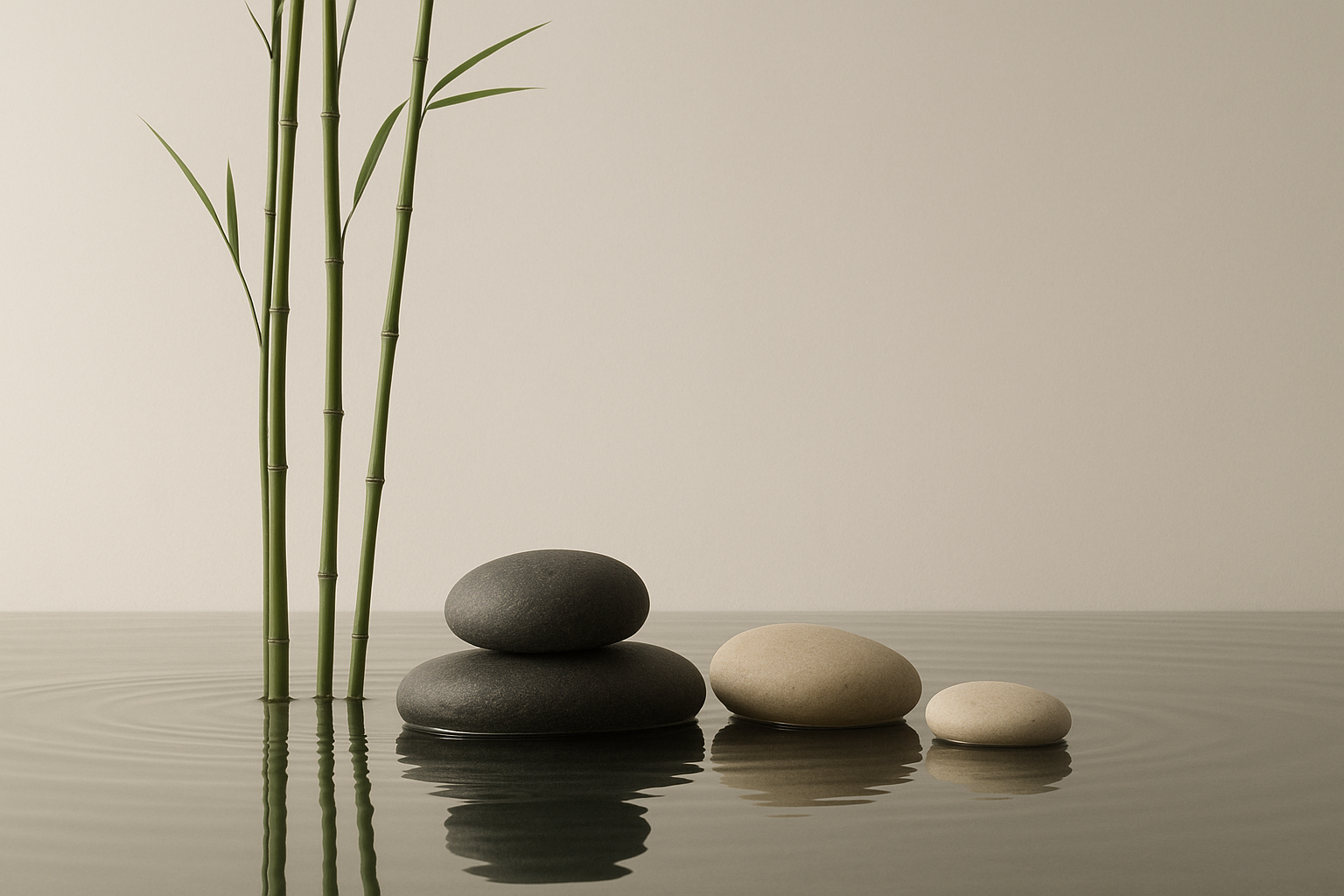 Sculptural spa still life with bamboo stems, smooth stones, and soft flowing water reflections in muted natural light