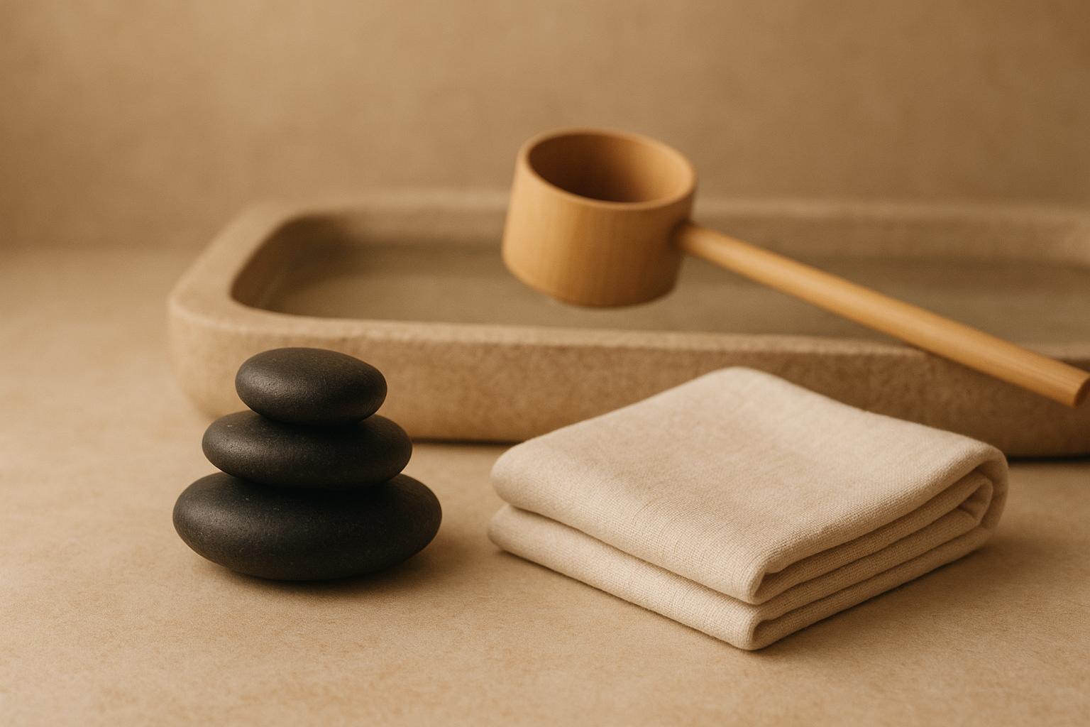 Warm-toned spa still life with smooth basalt stones, folded linen, and a bamboo ladle beside a shallow water basin
