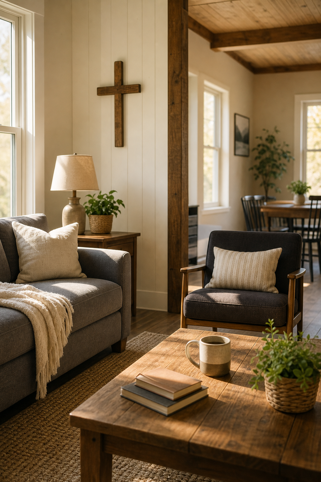 Soft morning light entering a simple welcoming interior space, symbolizing hope and stability