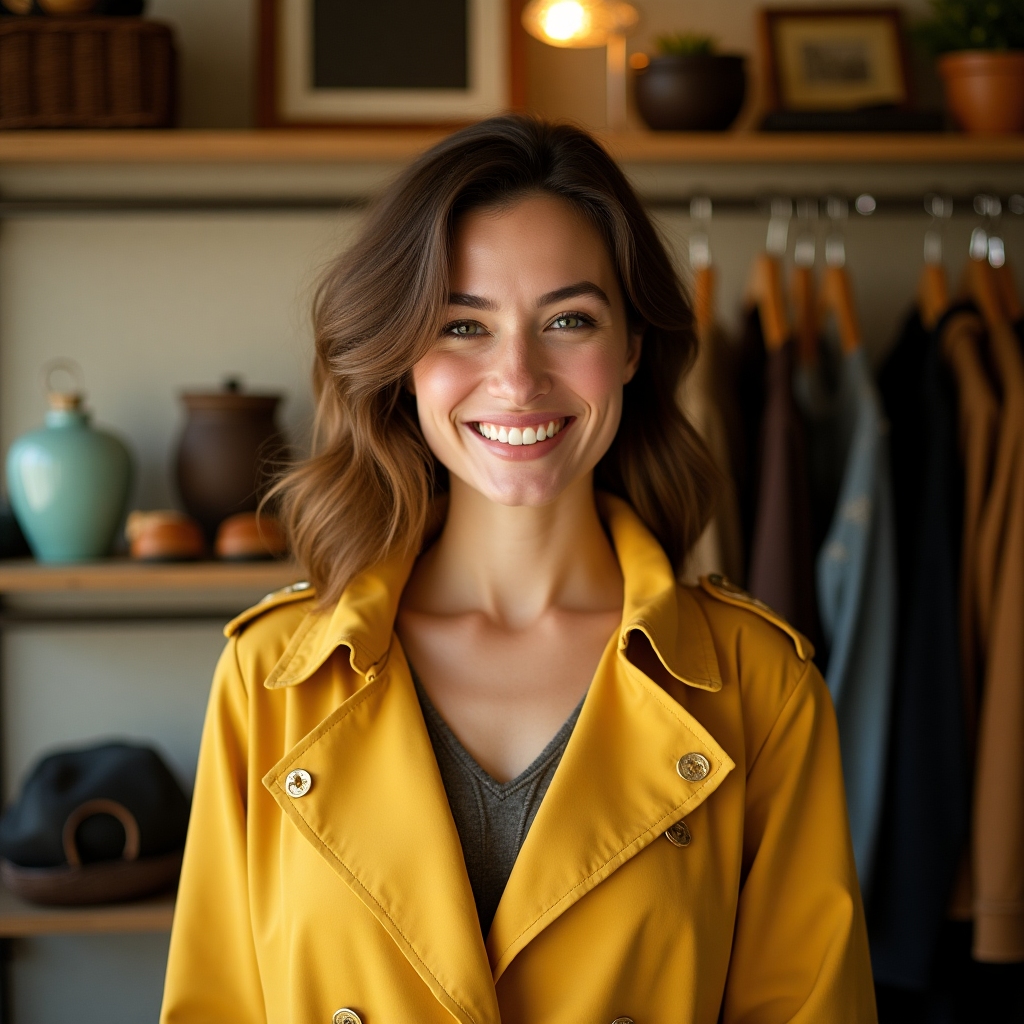 Smiling woman in a mustard vintage jacket