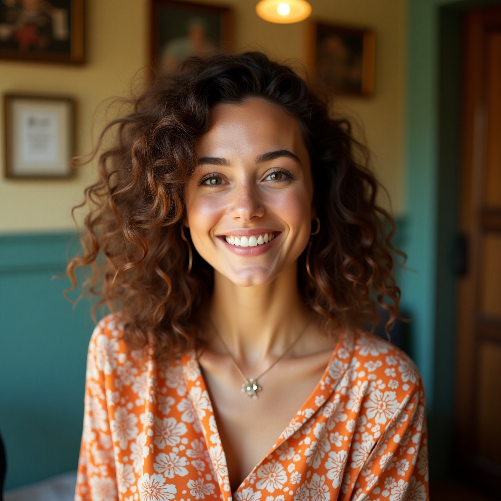 Woman in a patterned vintage blouse with curled hair