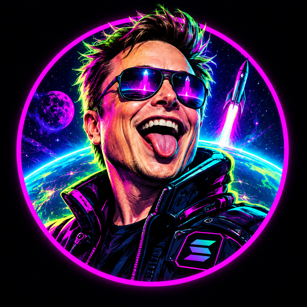 Flying Elon memecoin character avatar placeholder in a framed square