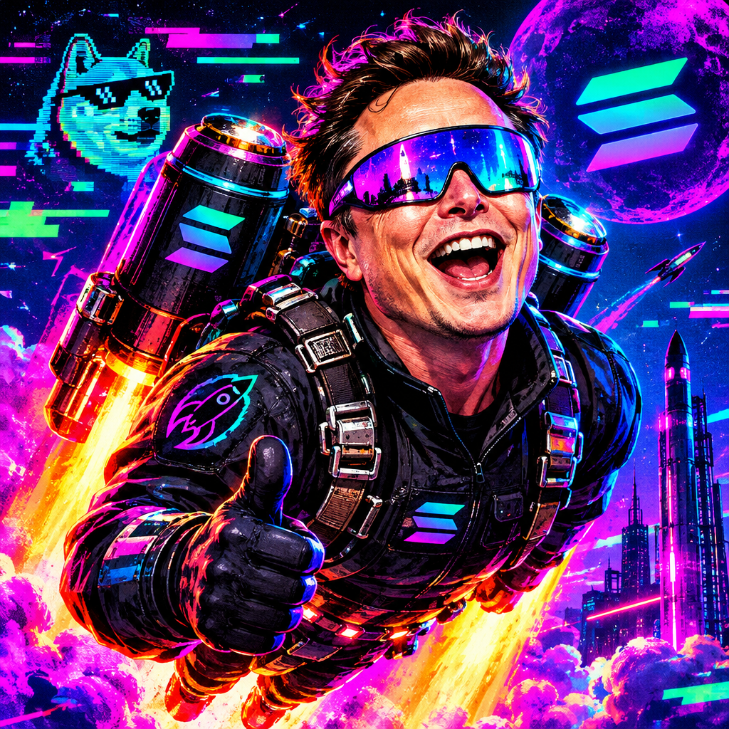 Chaotic Flying Elon meme character with absurd launch energy