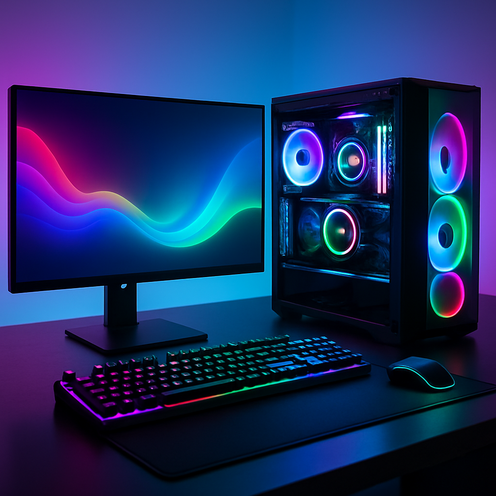 High-end computer system with colorful RGB lights, gaming keyboard and mouse, minimalist desk