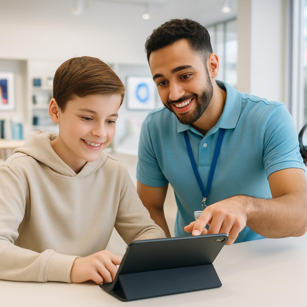 Friendly staff assisting a young customer with tech products, bright and welcoming retail interior