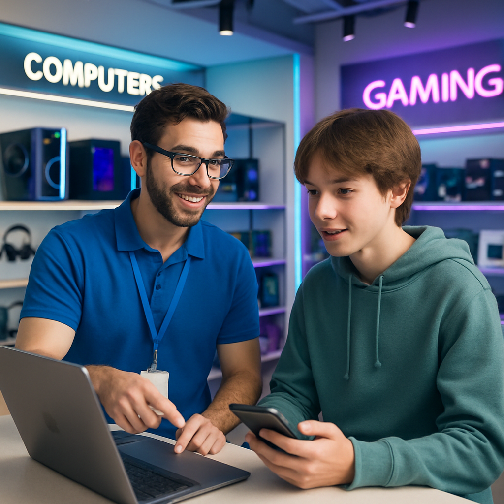 Friendly staff assisting a young customer with tech products, bright and welcoming retail interior