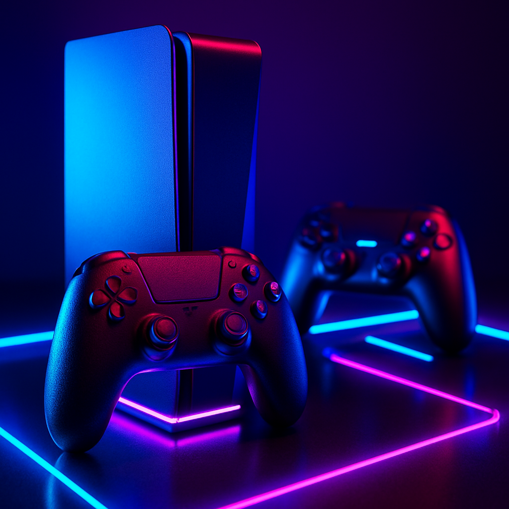 Close-up of a sleek gaming console setup with neon lighting and controllers, modern and energetic vibe