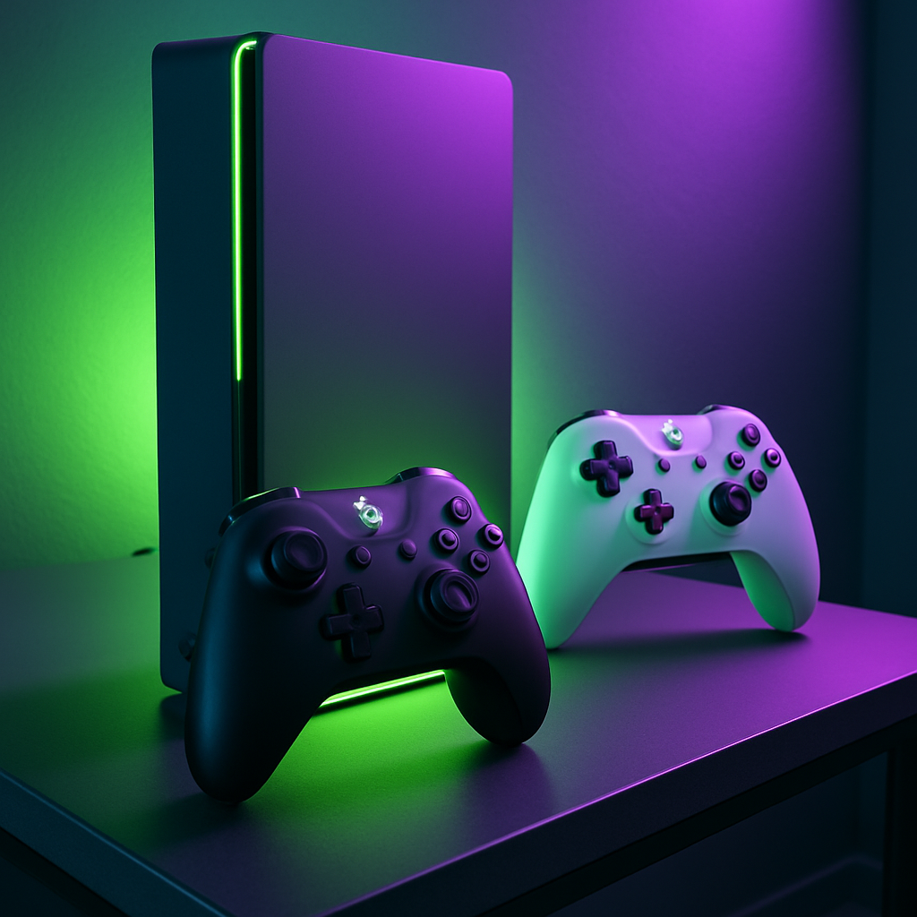 Close-up of a sleek gaming console setup with neon lighting and controllers, modern and energetic vibe