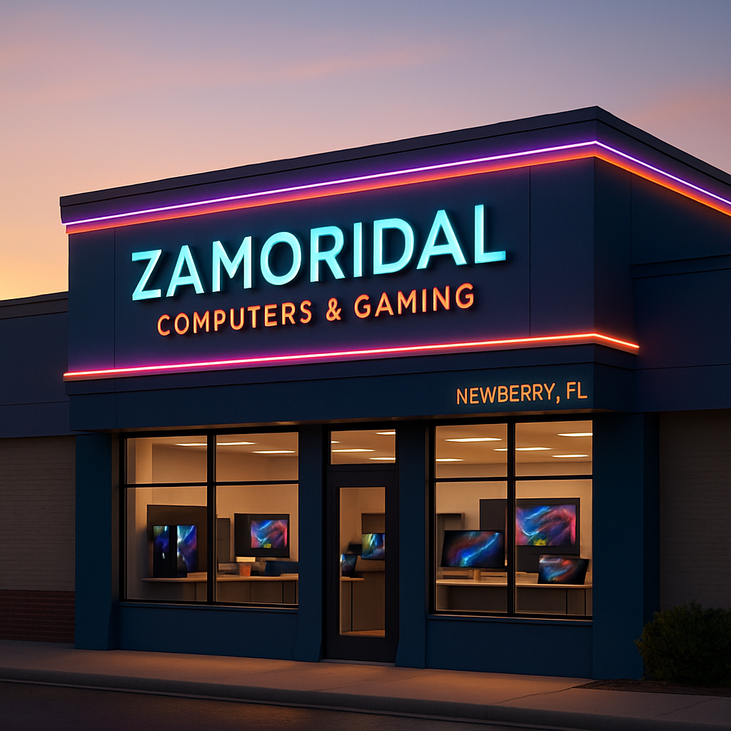 Modern storefront of ZAMORIDAL in Newberry, FL, with vibrant signage, evening lighting, and tech displays visible