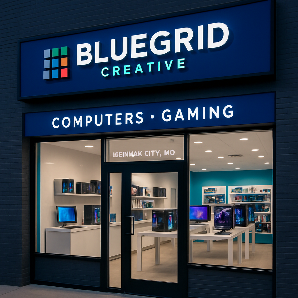 Modern storefront of BLUEGRID CREATIVE in Kansas City, MO, with vibrant signage, evening lighting, and tech displays visible