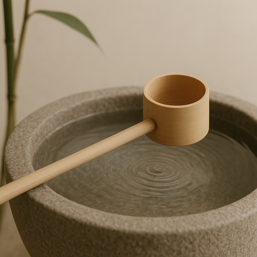 A minimalist bamboo water ladle resting across a basin with clear rippling water and soft reflections