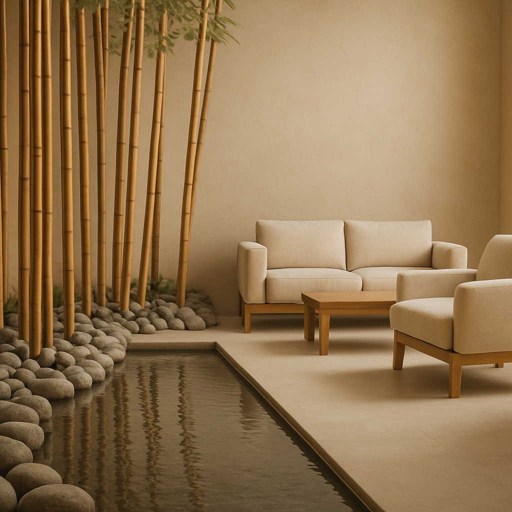 Serene Japanese-inspired spa interior with bamboo, smooth stones, and soft water reflections