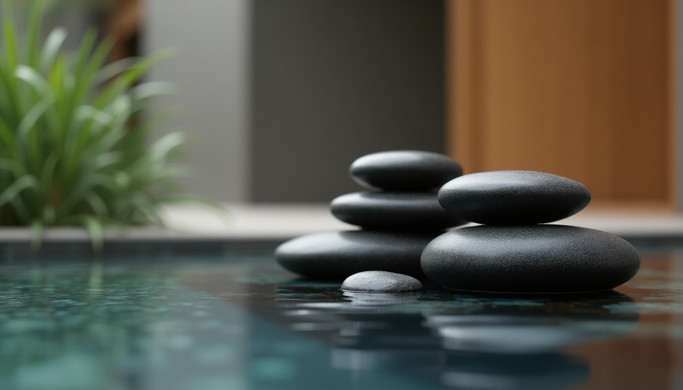 Smooth dark river stones beside a shallow pool of still water with soft reflections and diffused spa lighting