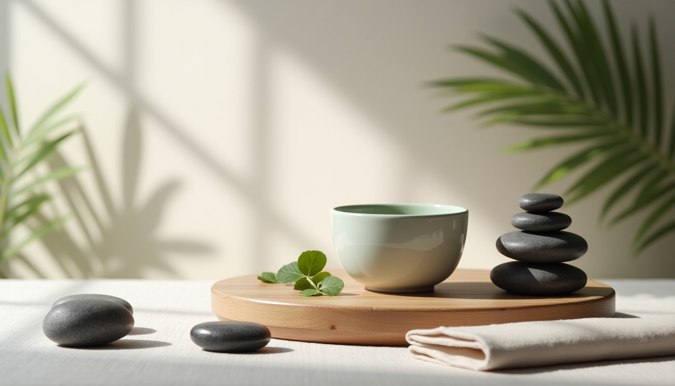 Minimal tea ritual setting with a pale ceramic cup of matcha on a light wood tray and a linen cloth