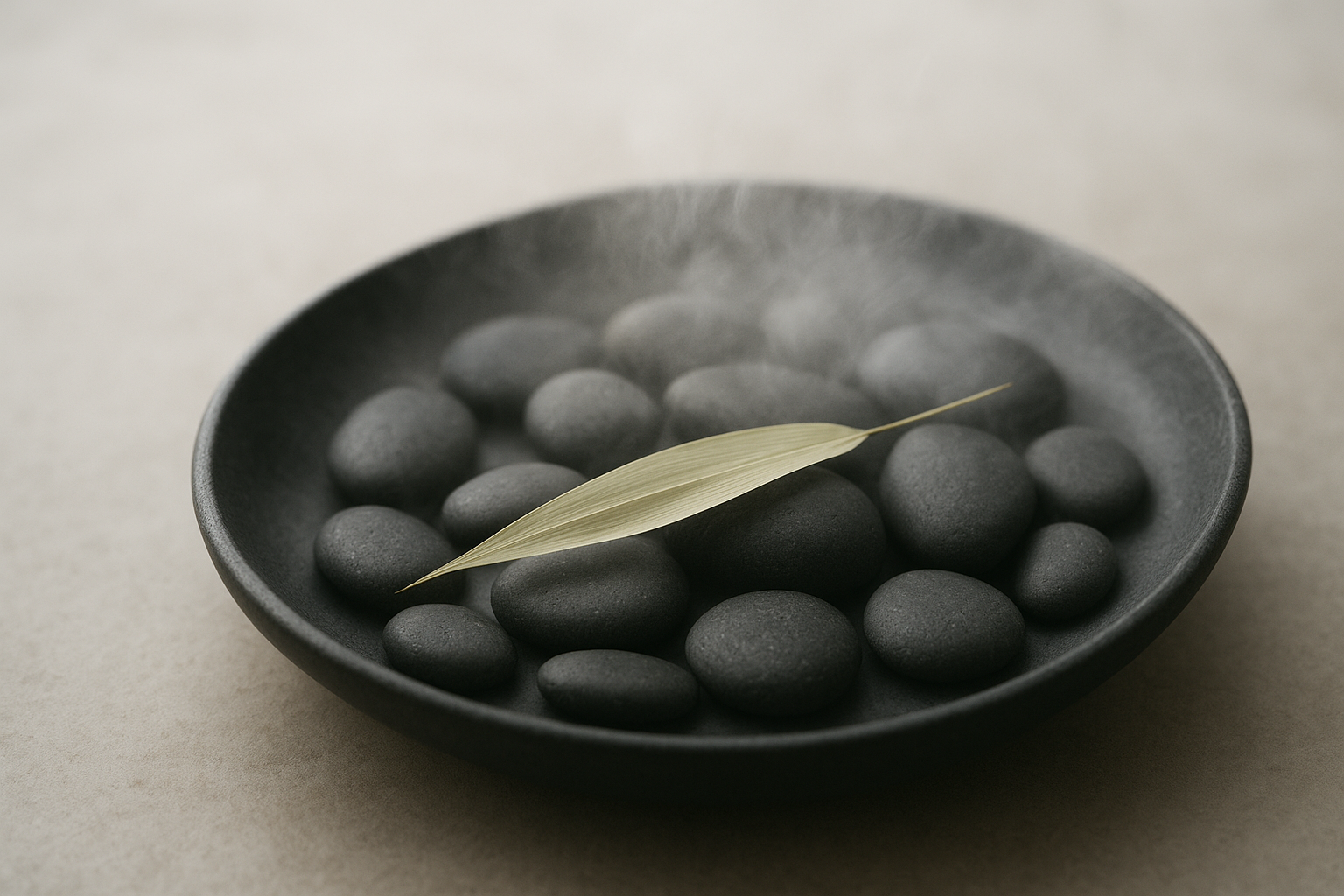 A shallow black stone tray with smooth river stones and a single pale bamboo leaf resting on a misted surface