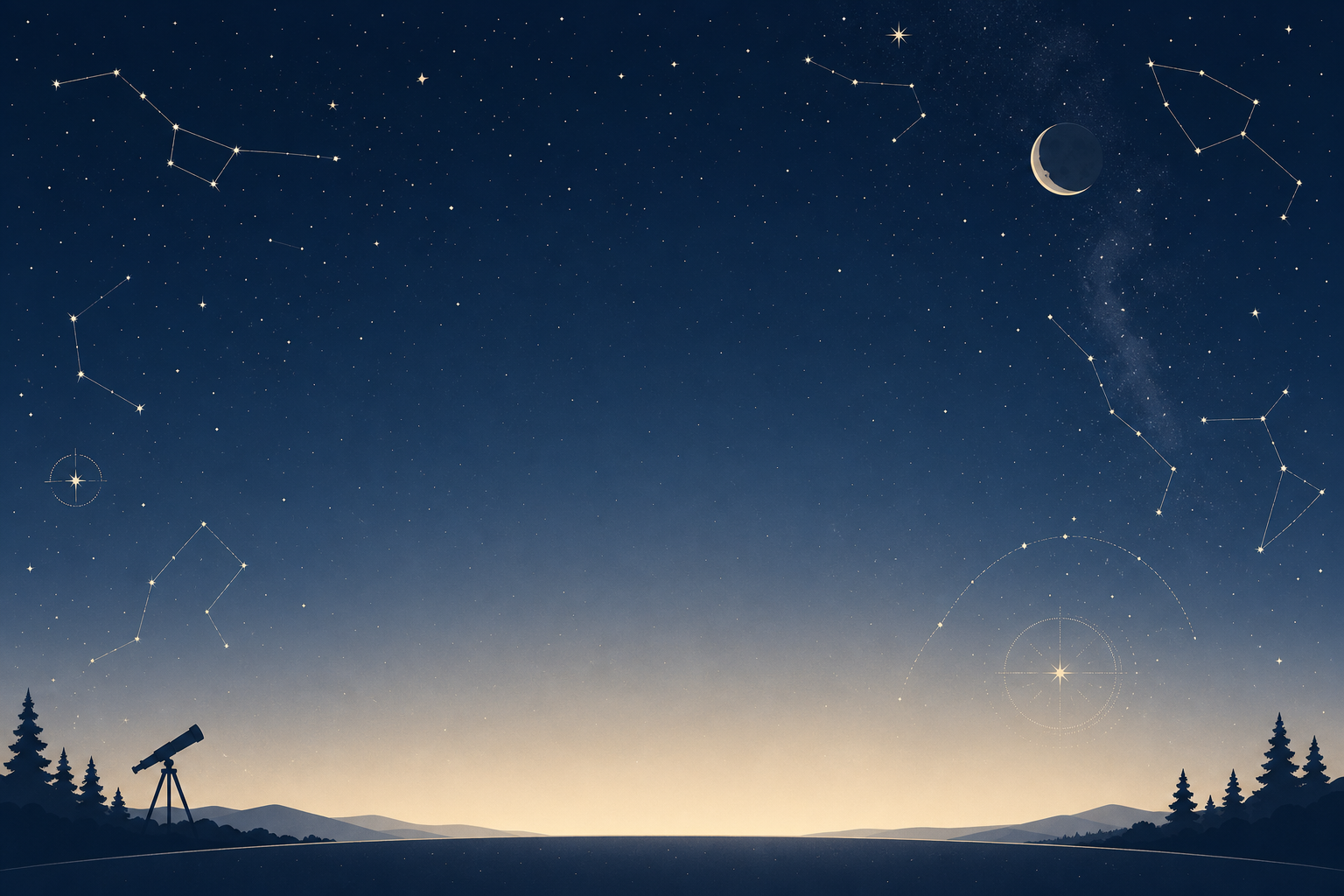 Stylized night-sky chart with fine constellation lines, subtle stars, and a gentle low horizon curve