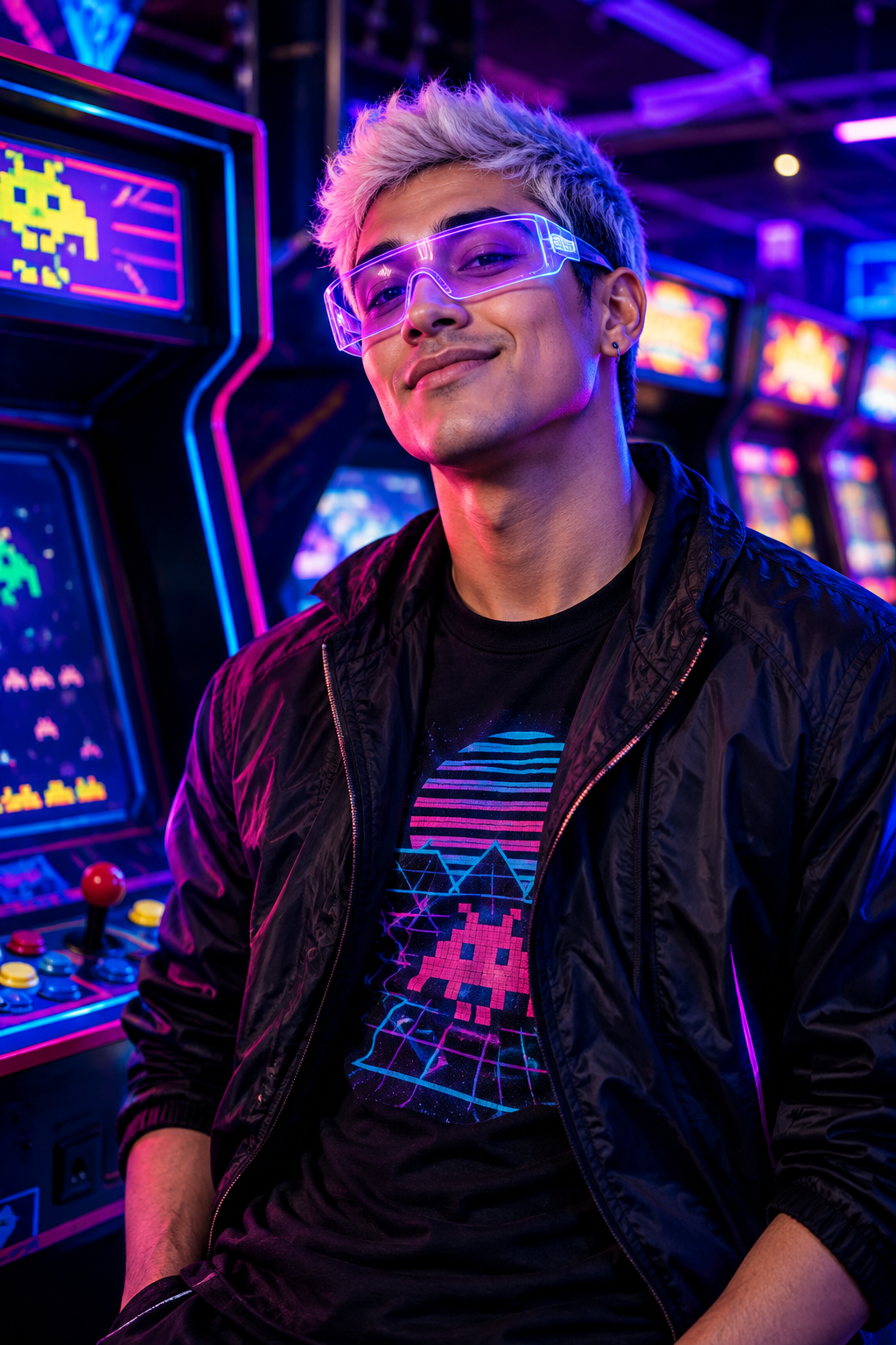 Portrait of Ace, a retro game guide with short silver hair, neon visor glasses, and purple ambient backlight