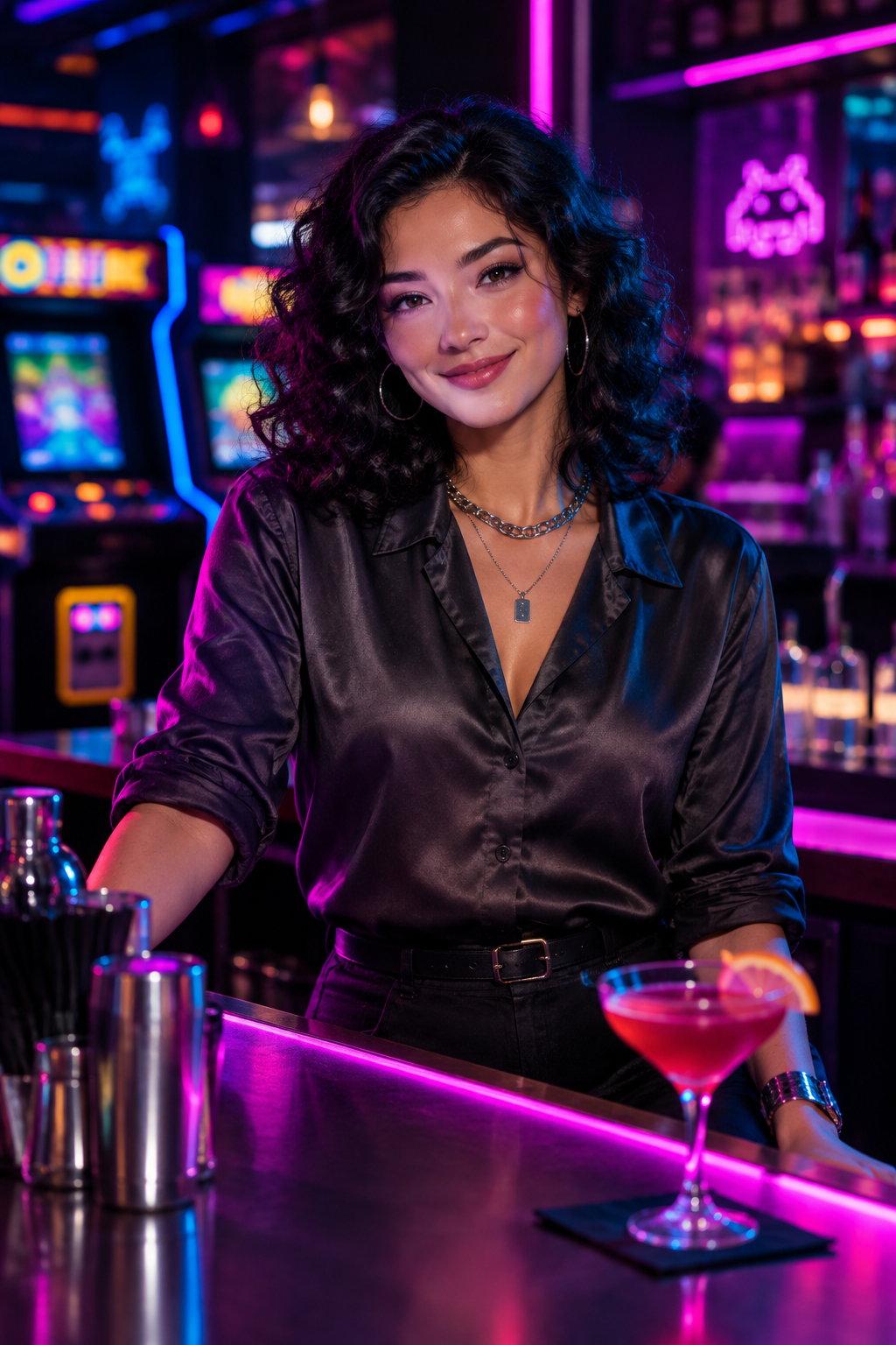 Portrait of Lena, a cocktail lead with curly dark hair, satin shirt, and magenta neon glow in a stylish bar setting