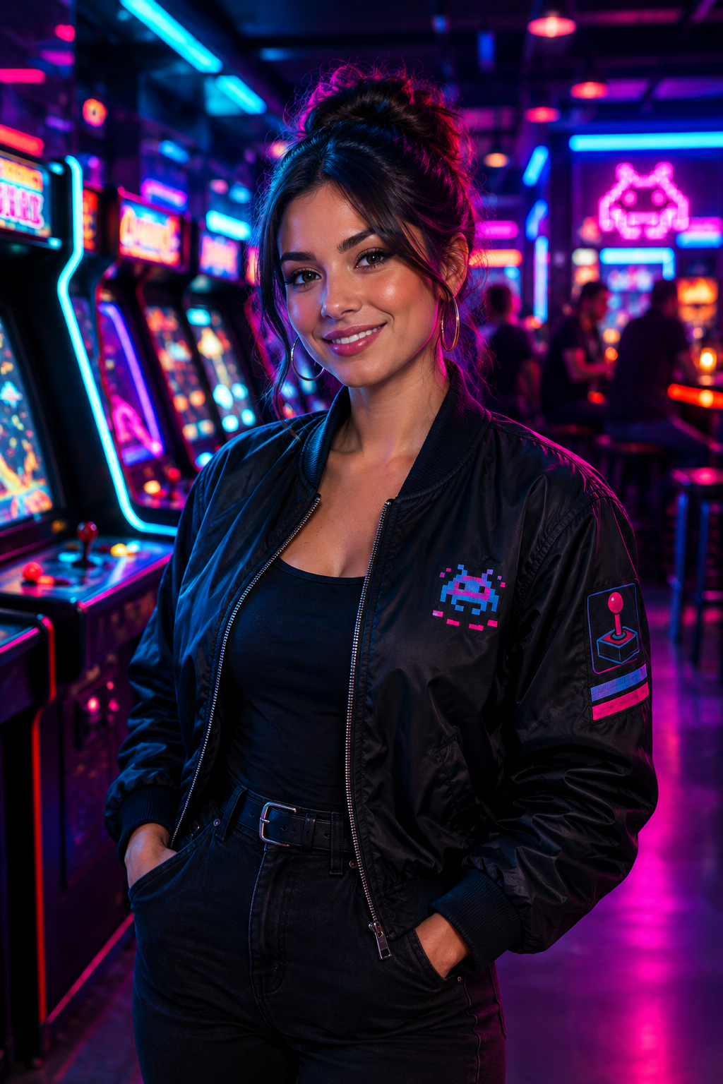 Portrait of Maya, a friendly arcade floor host in a black bomber jacket with cyan and magenta neon rim light