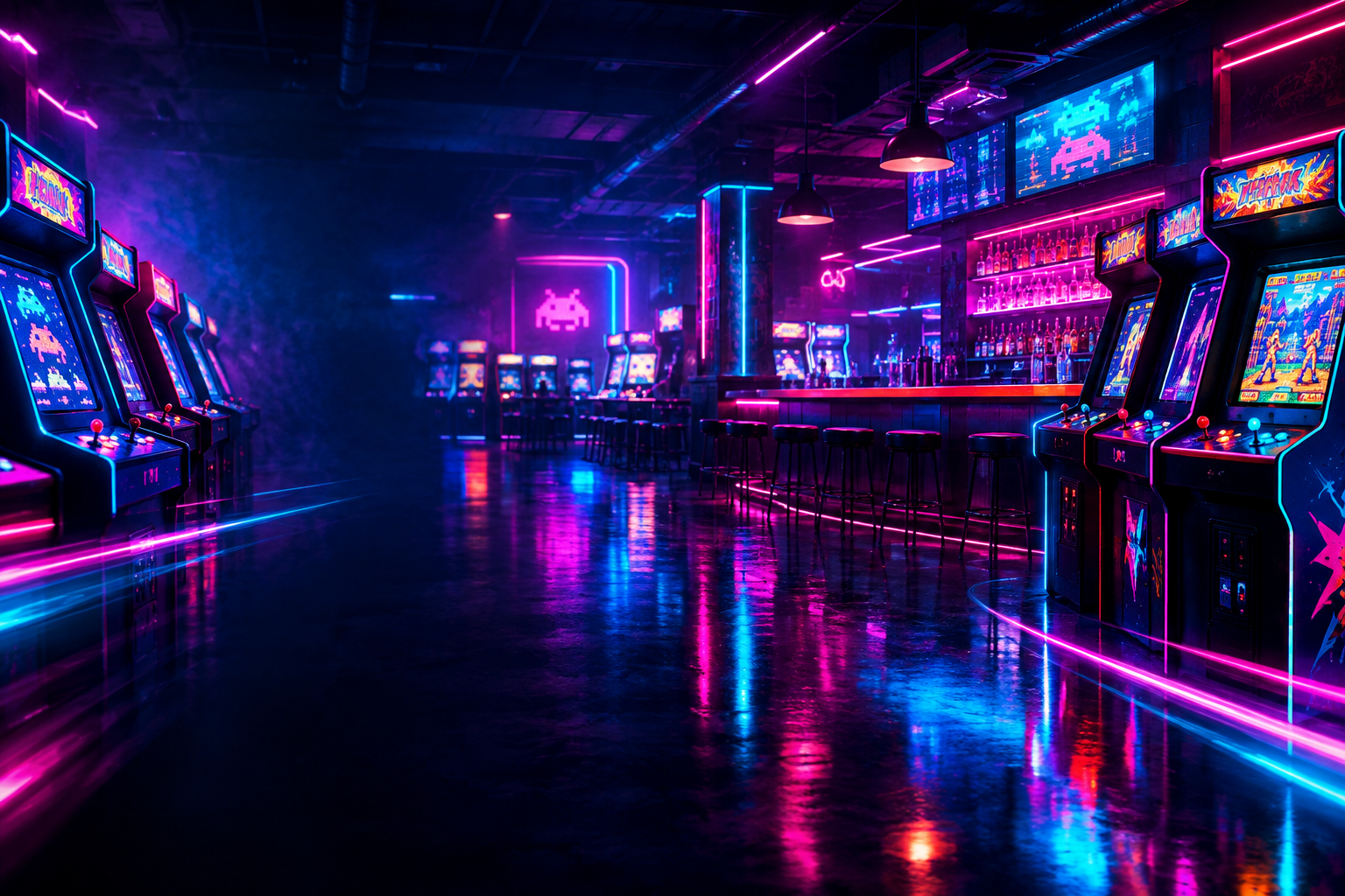 Wide cinematic view of a retro arcade bar at night with glowing game cabinets, neon reflections, and energetic light trails