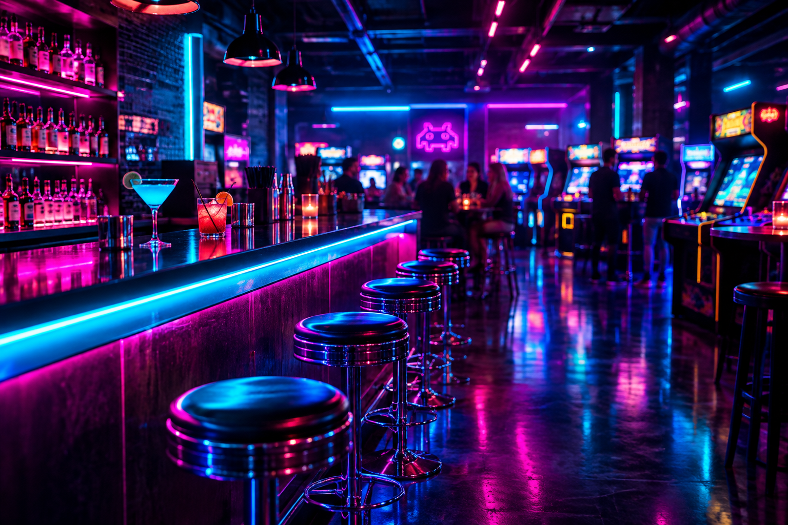 Glowing arcade bar counter with cyan and magenta reflections, chrome stools, and retro game lights in a nightlife setting