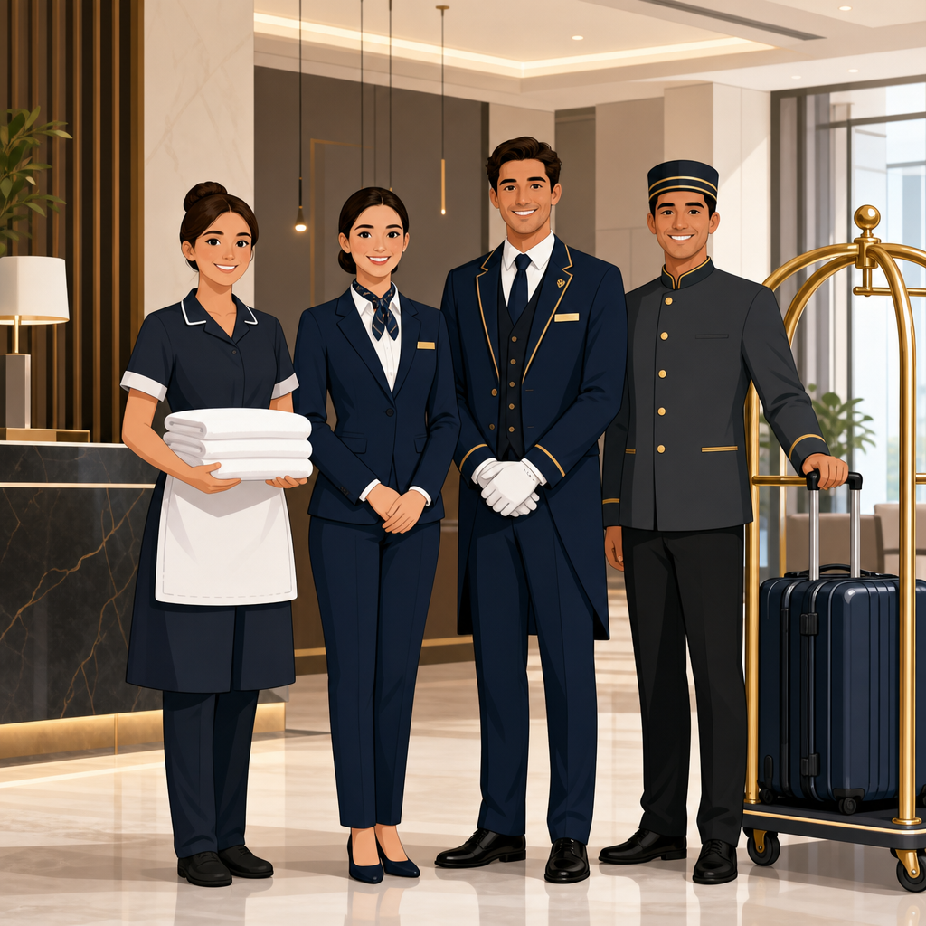 Clean illustrated scene of professional hotel staff team members in uniform standing together in a modern lobby setting, branded in a minimal corporate style