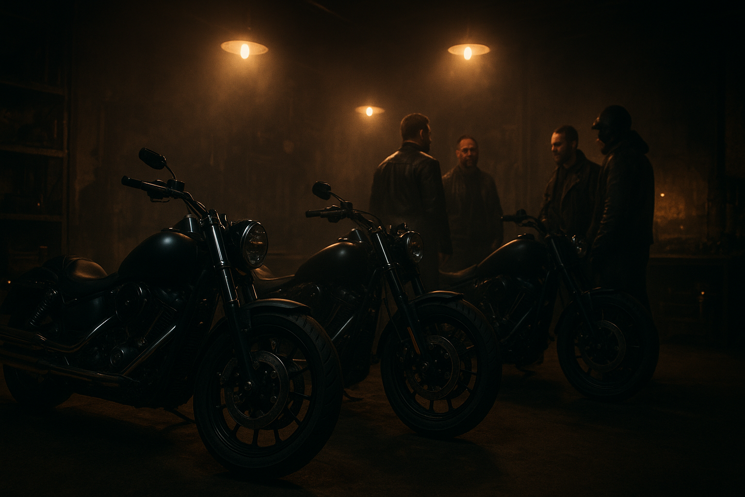 Nighttime motorcycle club garage scene with custom touring bikes, chrome details, and riders gathered in a warm, cinematic glow
