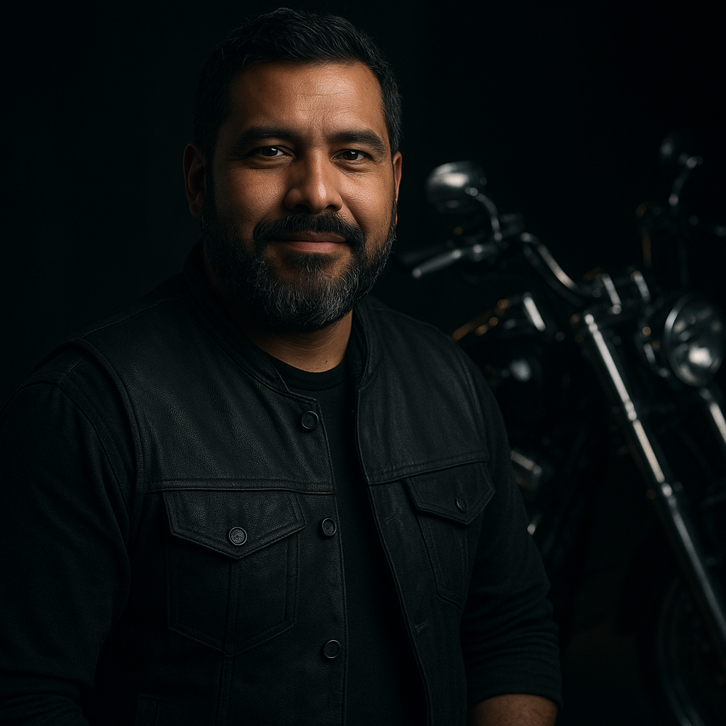 Portrait of Malik Rivera, a bearded rider in his 40s wearing a charcoal riding vest and a warm smile, standing beside a chrome cruiser.