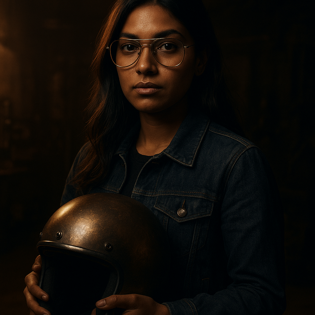 Portrait of Rose Patel, a rider in her late 20s wearing a dark denim jacket and aviator glasses, holding a vintage helmet with a subtle bronze sheen.