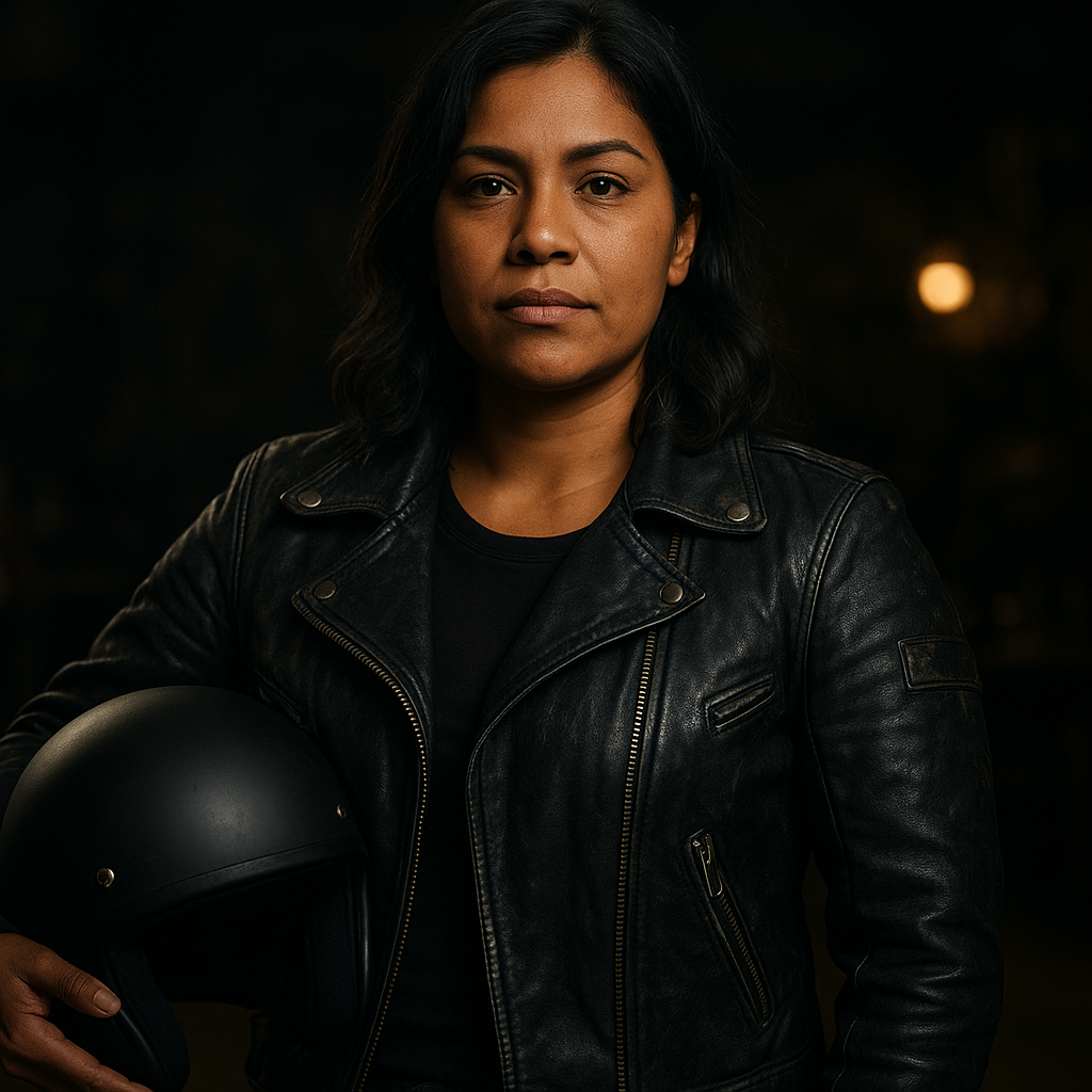 Portrait of Tara James, a confident woman rider in her 30s with a matte black helmet resting on her arm, wearing a leather jacket with subtle metallic patches.
