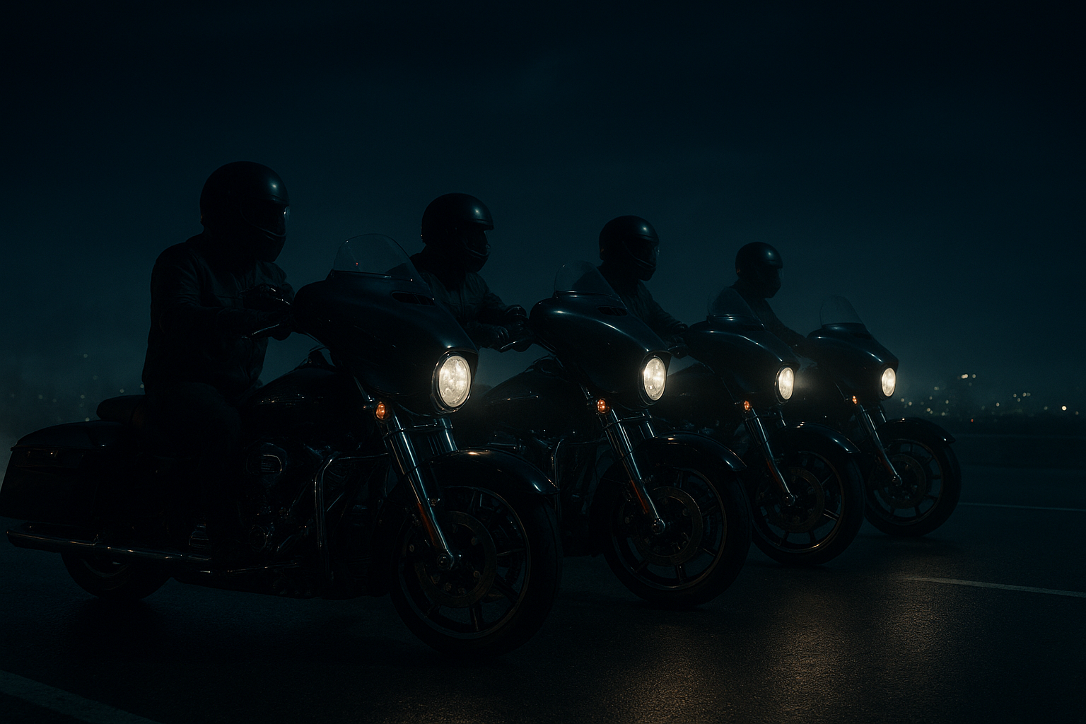 Nighttime group of custom touring motorcycles lined up on an open highway, chrome reflecting city lights, riders wearing dark helmets and jackets