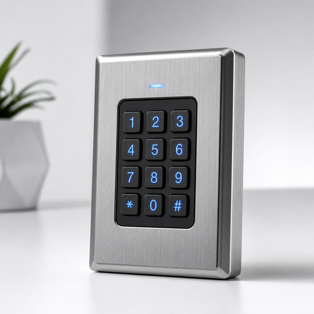 Brushed aluminum access control keypad with blue backlit numbers