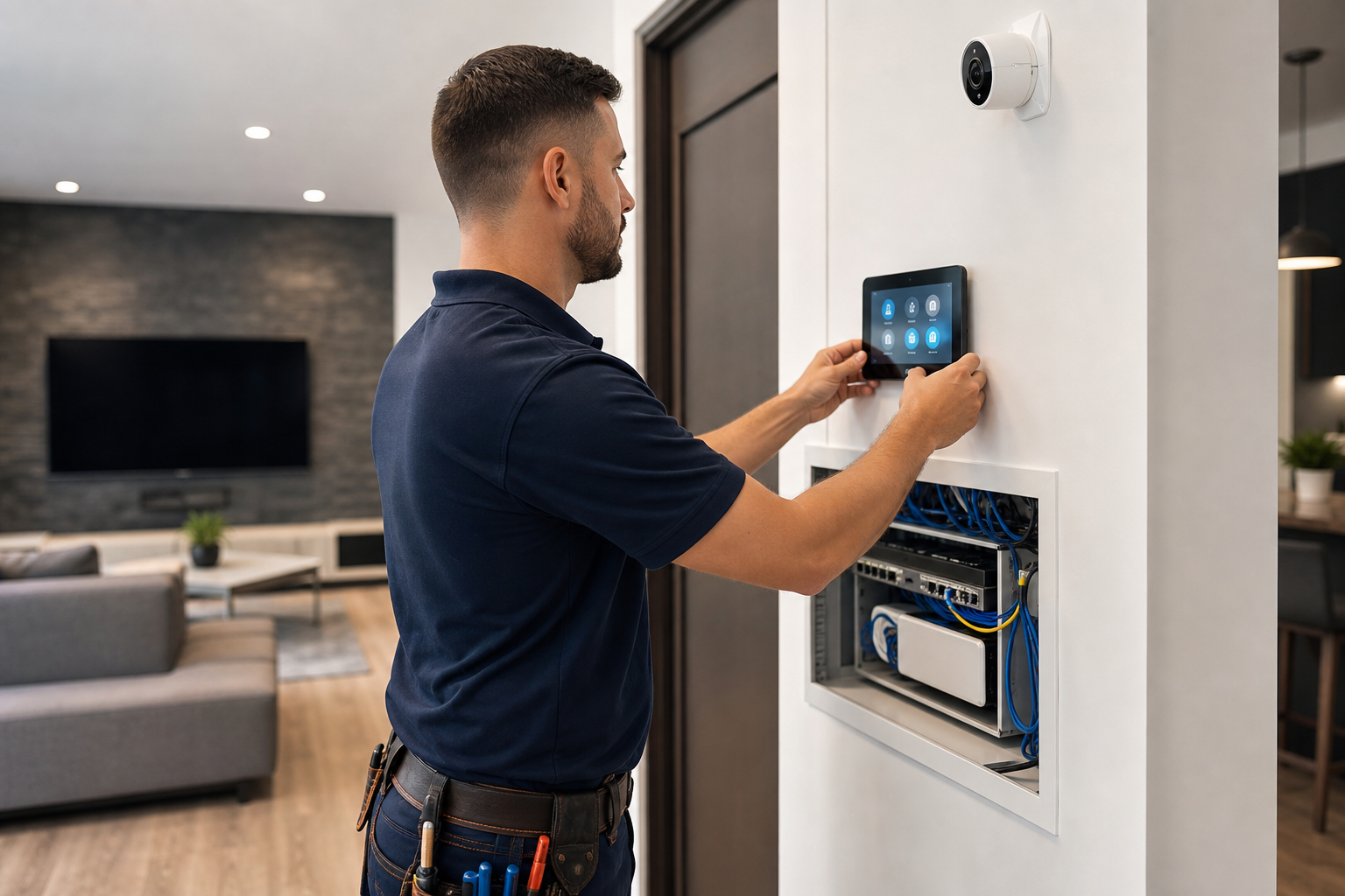 Technician installing a smart home control panel and network equipment in a modern residential space