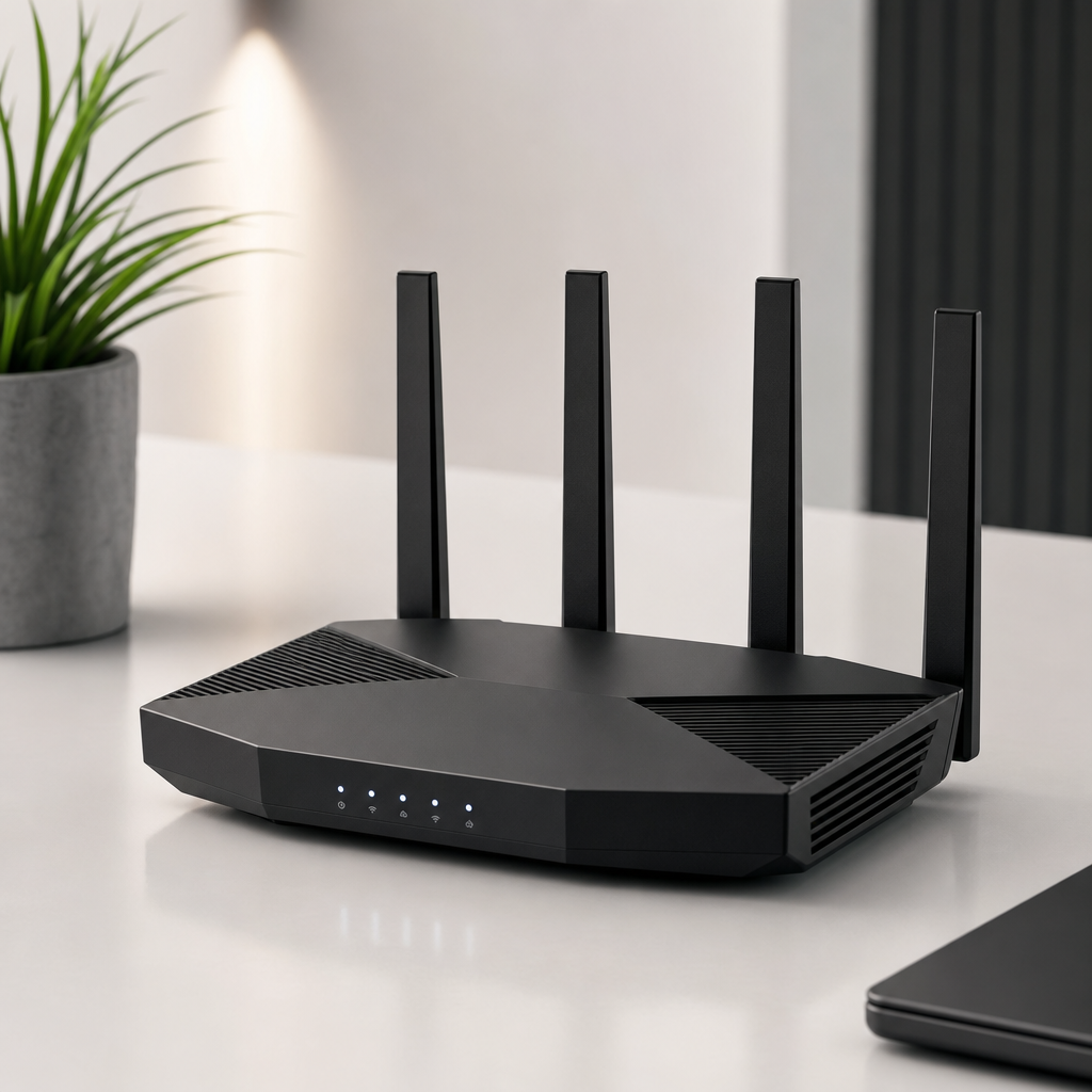 Compact matte-black Wi‑Fi router with angular vents and subtle status LEDs on a clean desk