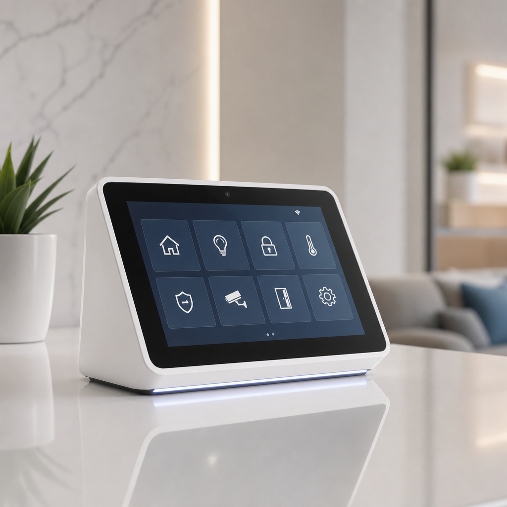 Sleek white smart home hub with a glass touchscreen displaying home control icons