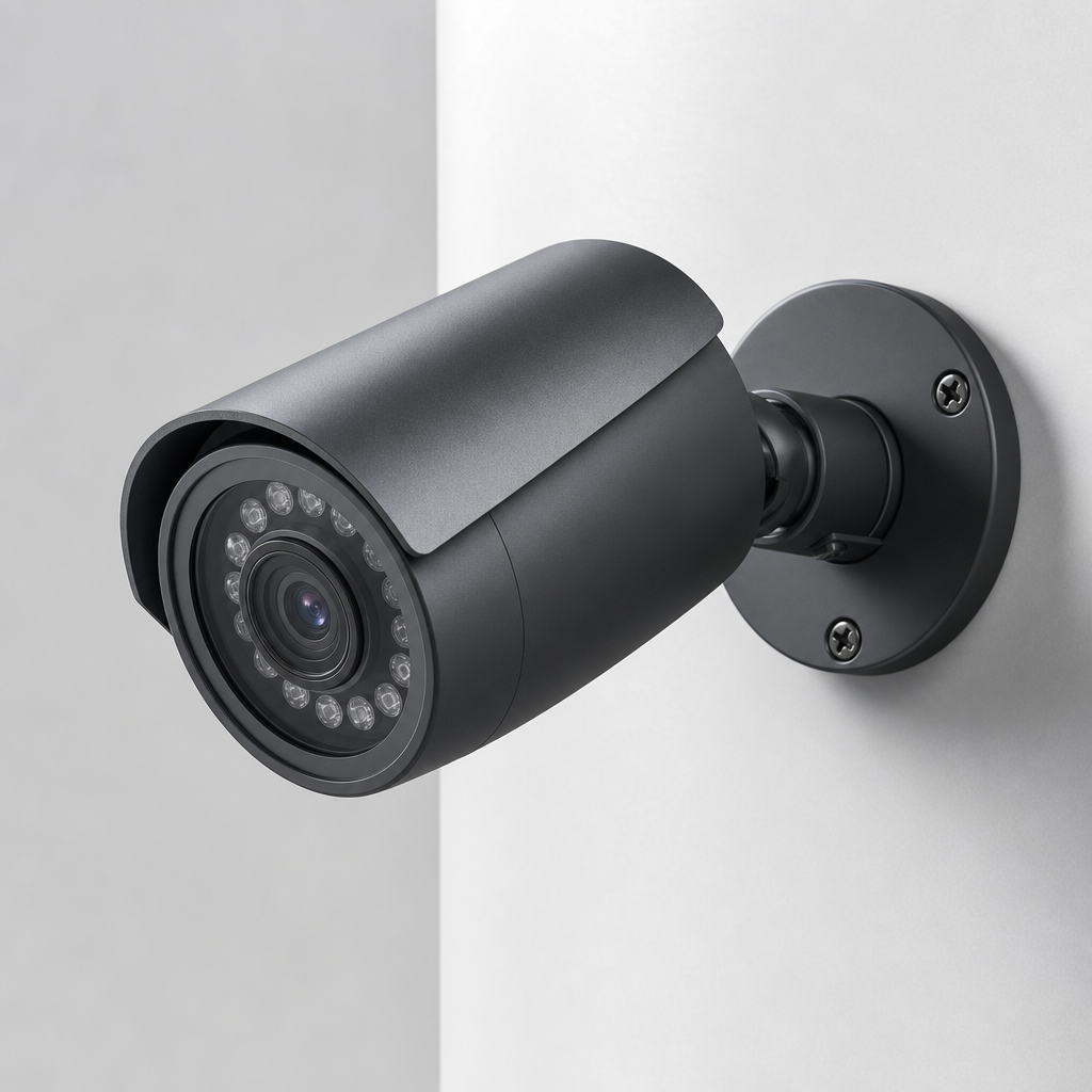 Modern cylindrical outdoor security camera in dark graphite with mounting bracket