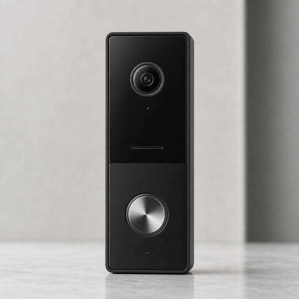 Slim black video intercom panel with camera lens and brushed metal button