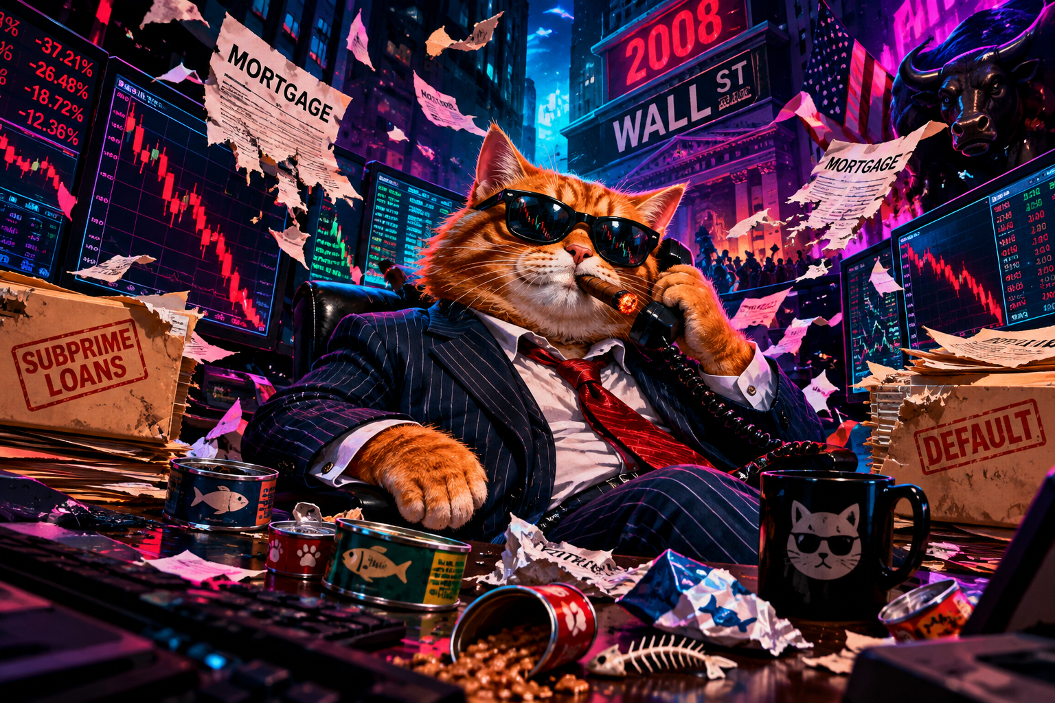 SubprimeCat in a chaotic Wall Street collapse scene with glowing trading terminals, shredded loan papers, plunging charts, cat-food cans, and satirical finance energy