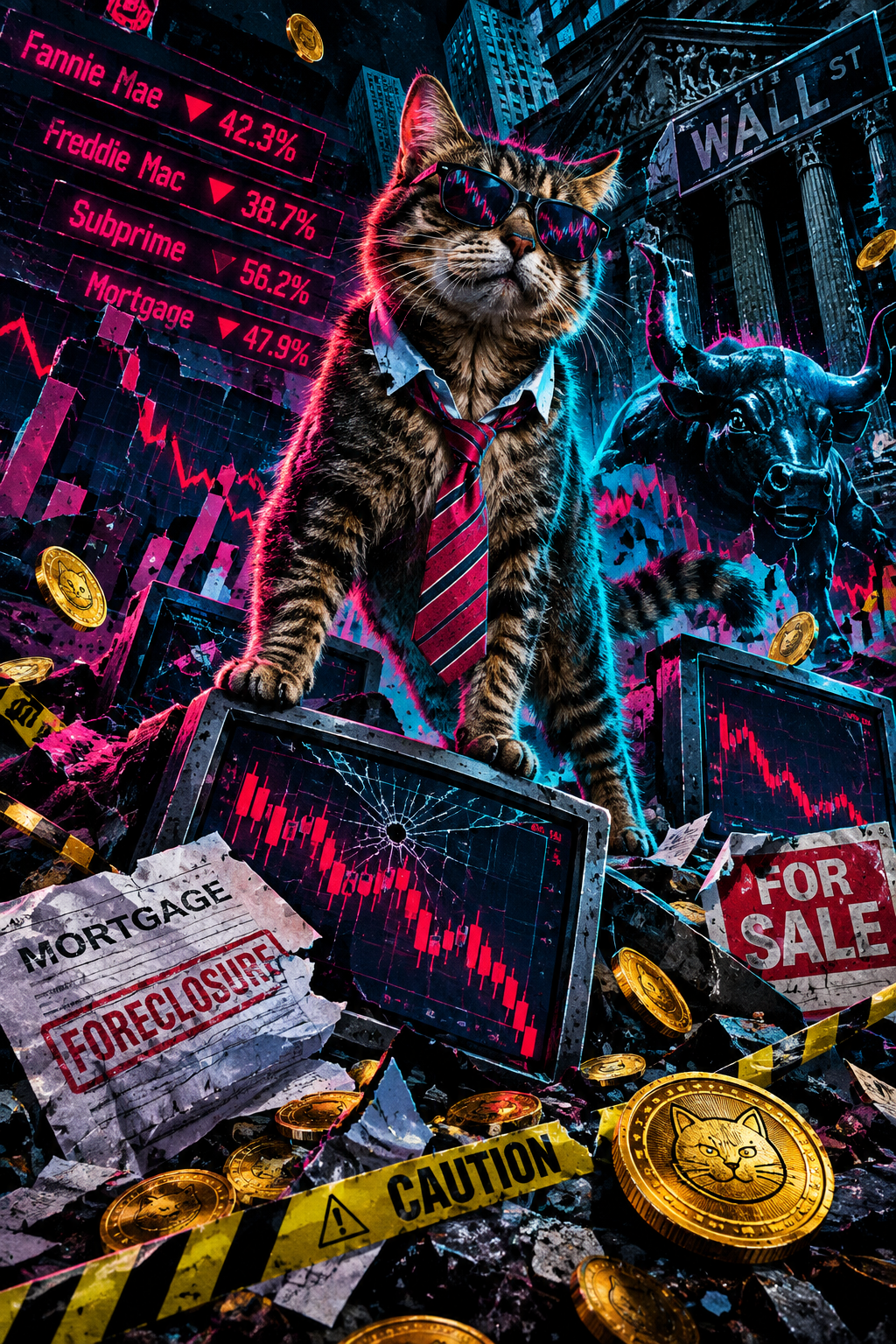 Collage of a scrappy street cat in a loosened banker tie standing on broken ticker screens and torn mortgage papers, with caution tape, spilled coins, and collapsing financial charts in neon-lit chaos
