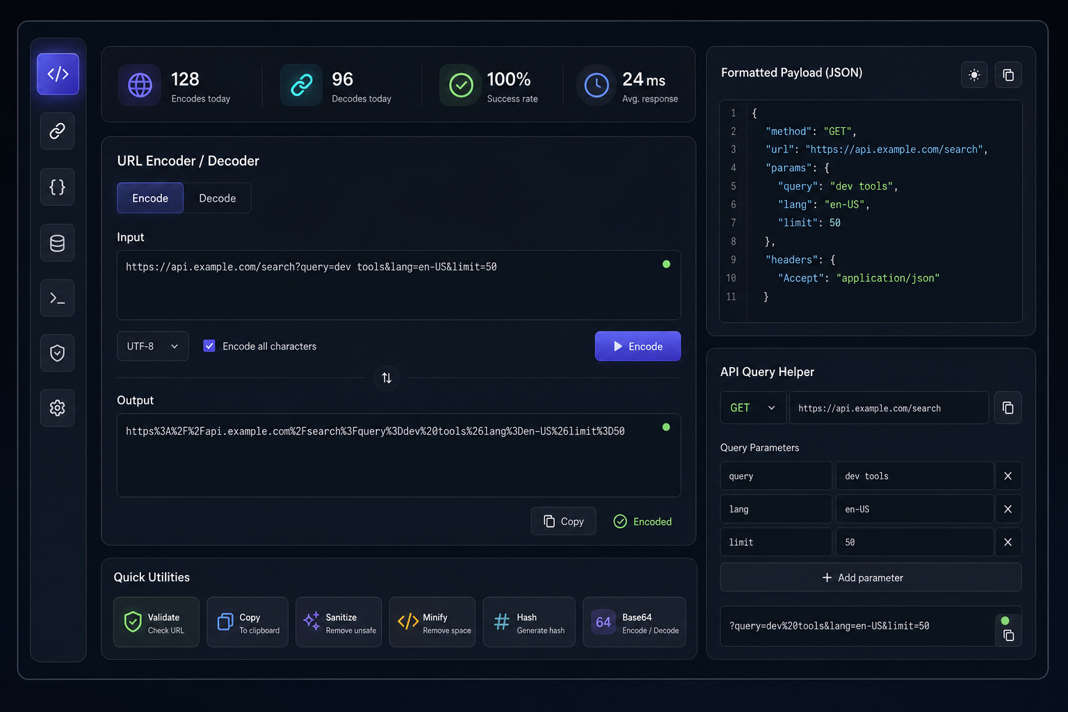 Polished dark developer toolkit dashboard mockup showing a URL encoder and decoder module, formatted output panels, API query helper blocks, and compact utility chips