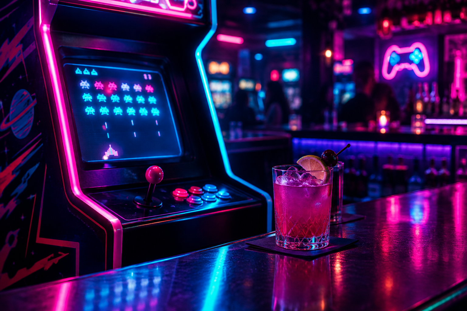 Close-up of a neon-lit arcade cabinet beside a cocktail on a glowing bar counter
