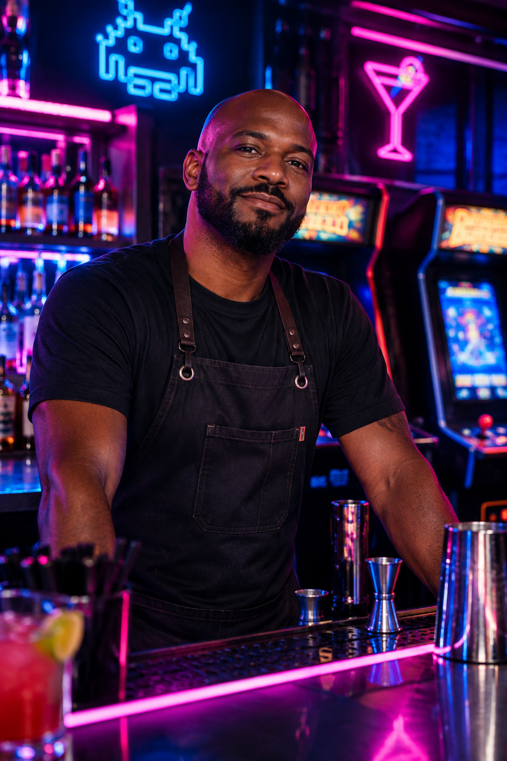 Portrait of Marcus Vale, bar lead, with a clean shaved head and trimmed beard behind glowing bottles under deep blue and pink bar lights