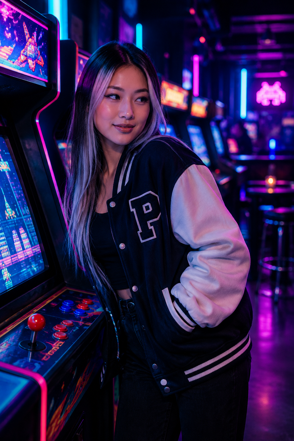 Portrait of Nova Kim, arcade curator, with long straight silver-black hair and retro jacket, standing near classic cabinets lit by cyan and violet neon