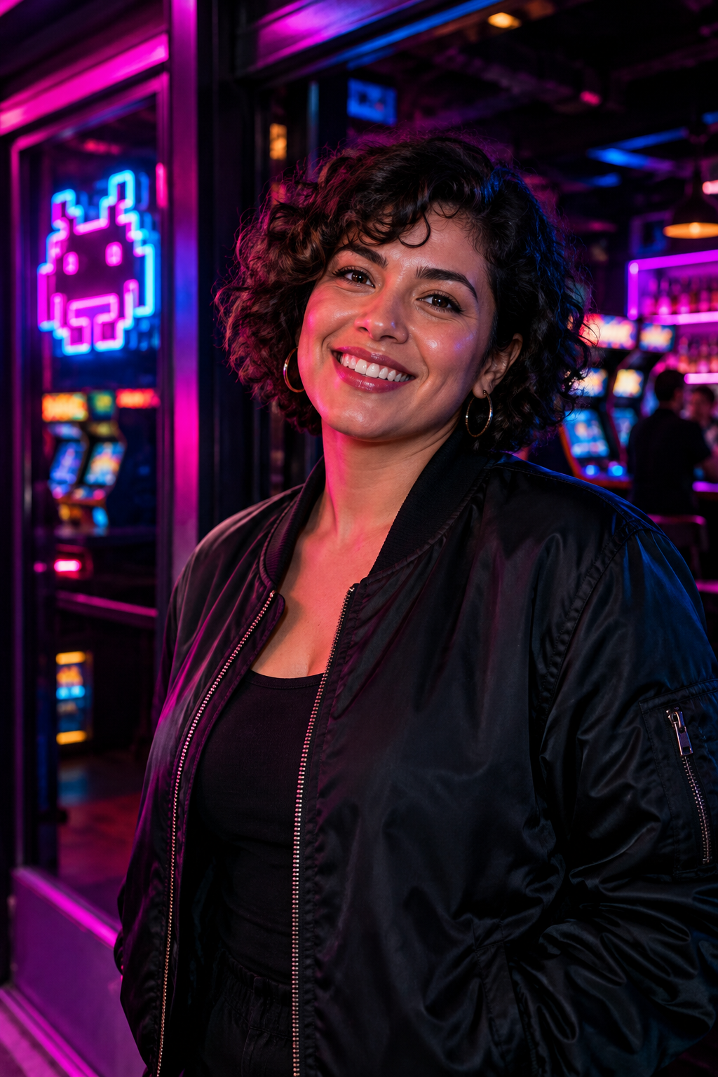 Portrait of Rhea Moreno, the welcoming floor host, with short curly dark hair and a warm smile in neon magenta and cyan arcade lighting