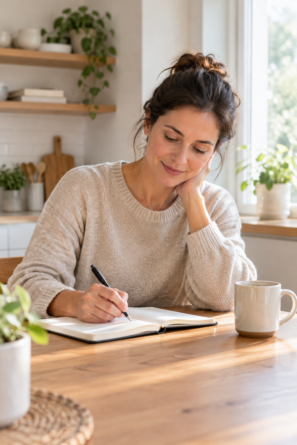 Calm adult reviewing notes at a kitchen table with coffee and a notebook in soft morning light