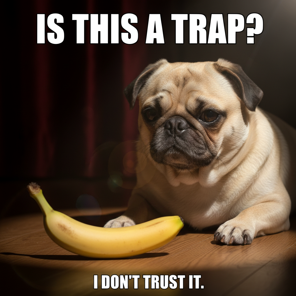 Dramatic pug glaring at a banana