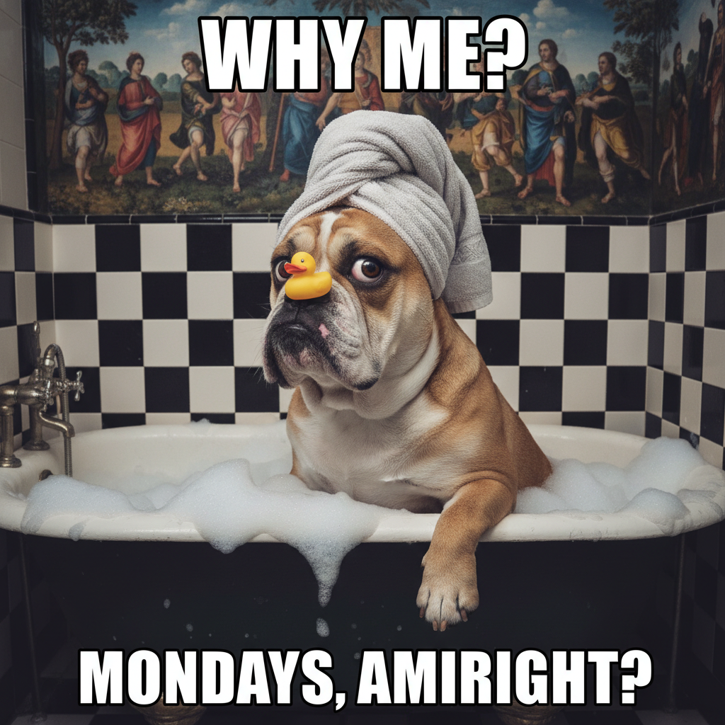 Melodramatic bulldog giving side-eye in a bathtub