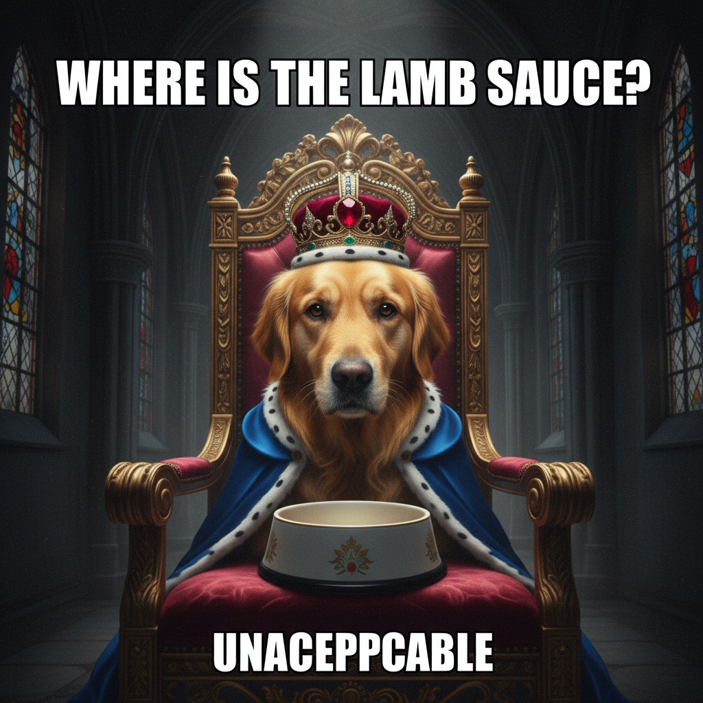 Regal golden retriever judging a food bowl