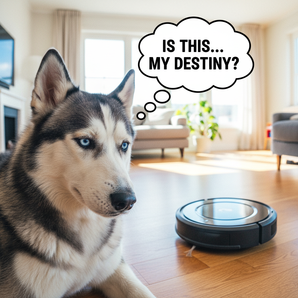 Stoic husky side-eyeing a vacuum cleaner